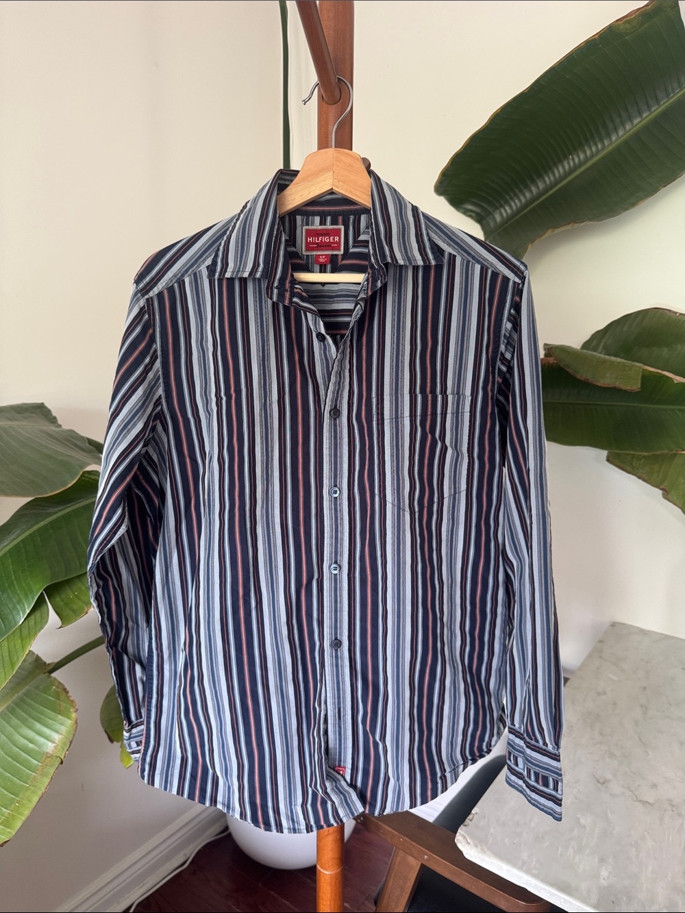 Tommy Hilfiger Men's Navy, Light Blue & Red Vertical Stripe Button-Down Shirt